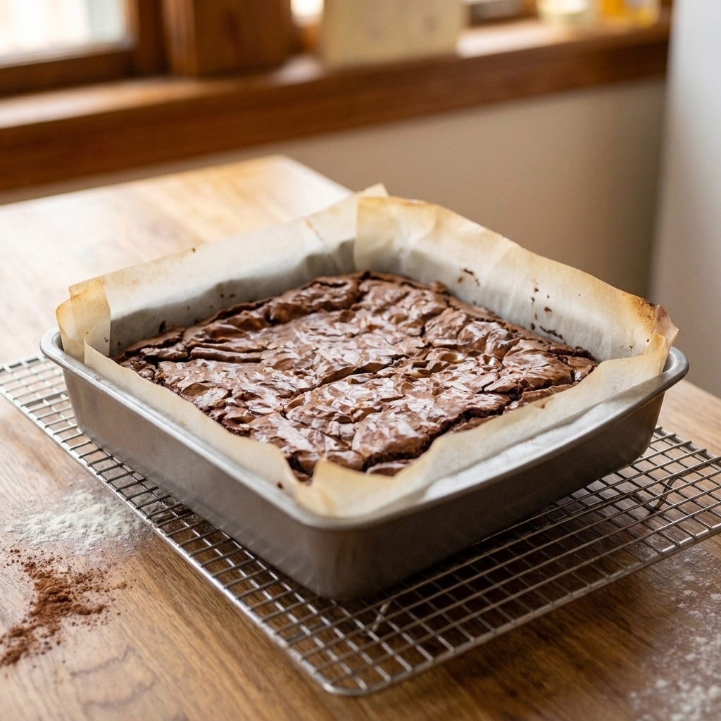 Freshly baked brownies cooling in a parchment-lined metal baking pan on a wire rack