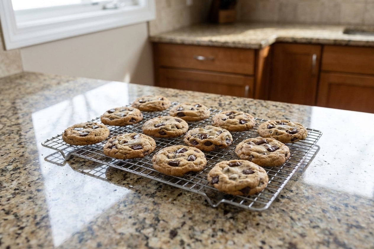 Freshly baked chocolate chip cookies cooling evenly on a wire rack on a home kitchen counter