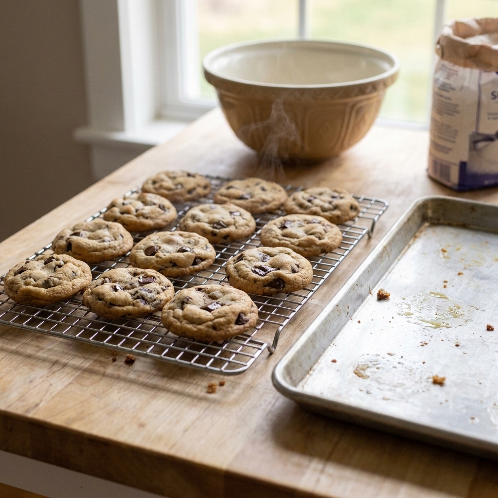 Freshly baked chocolate chip cookies cooling on a wire rack with a baking sheet nearby