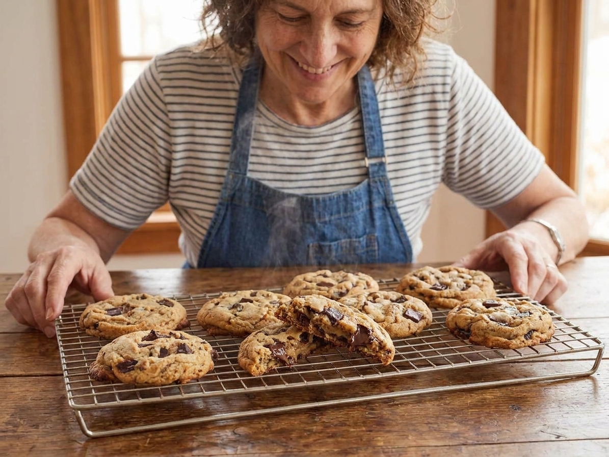 Freshly baked chocolate chip cookies cooling on a wire rack, with a few cookies showing thick chewy centers