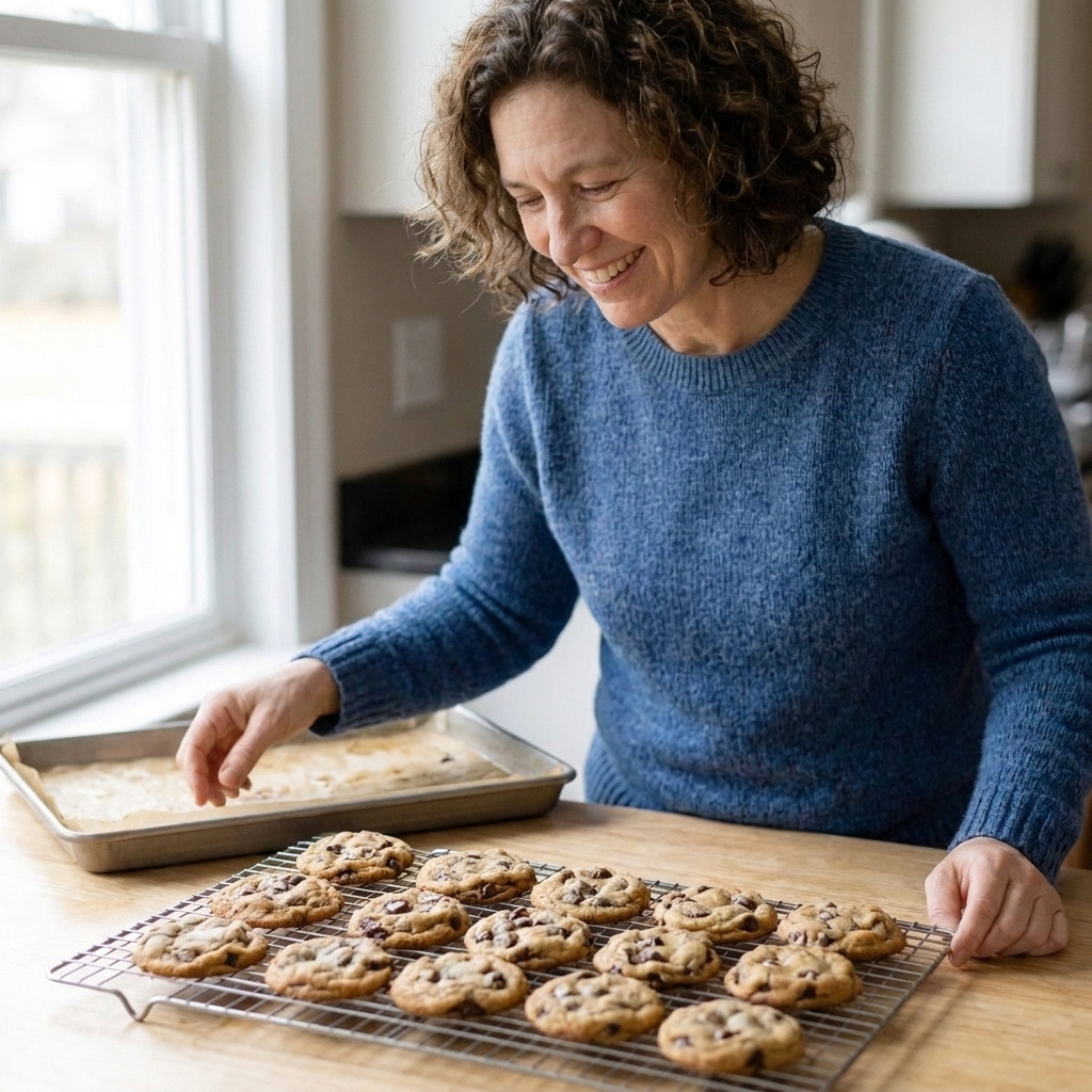 Freshly baked chocolate chip cookies cooling on a wire rack with a baking sheet in the background