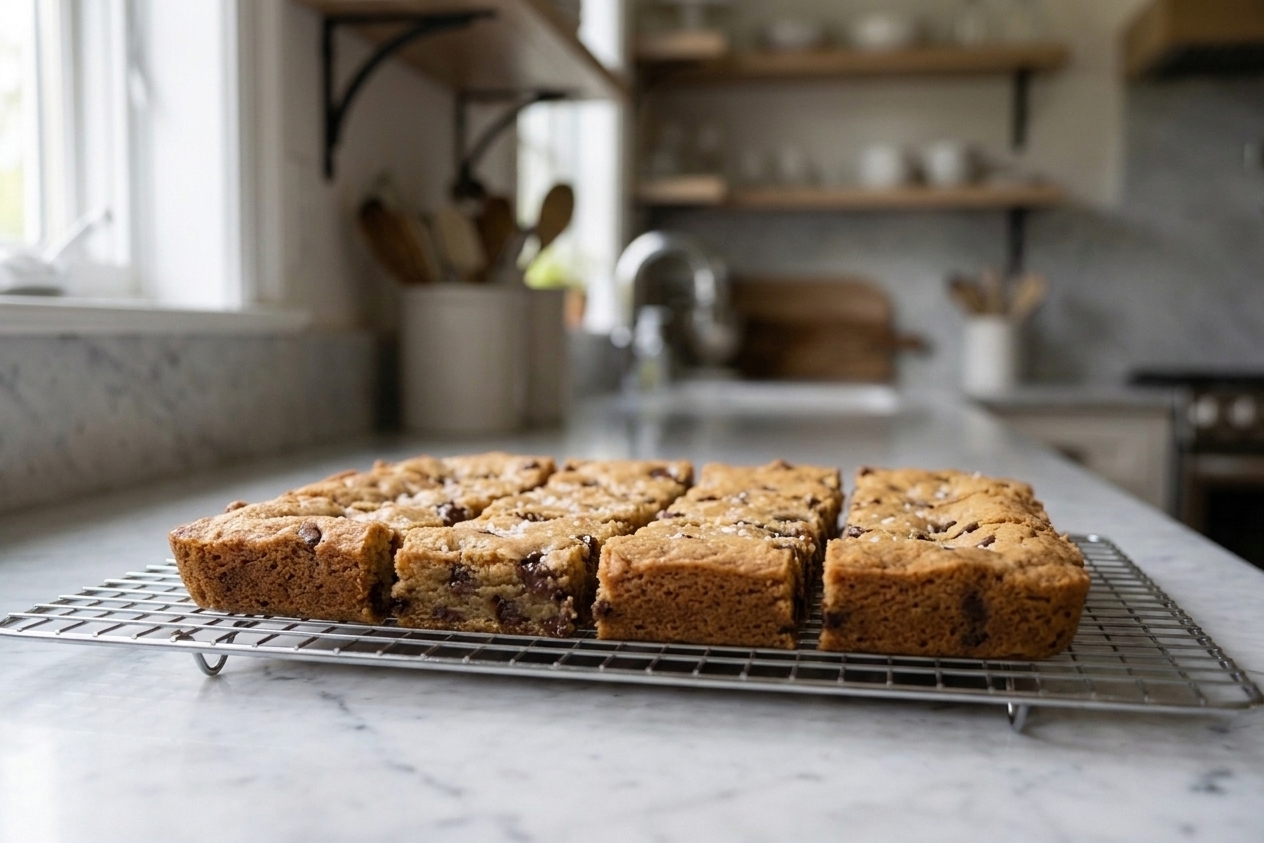 Freshly baked cookie bars cut into squares and cooling on a wire rack