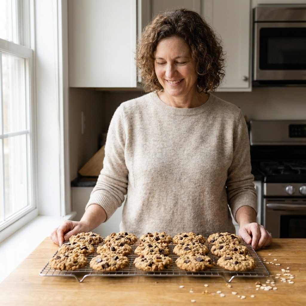 Freshly baked oatmeal cookies studded with mix-ins cooling on a metal wire rack on a kitchen counter