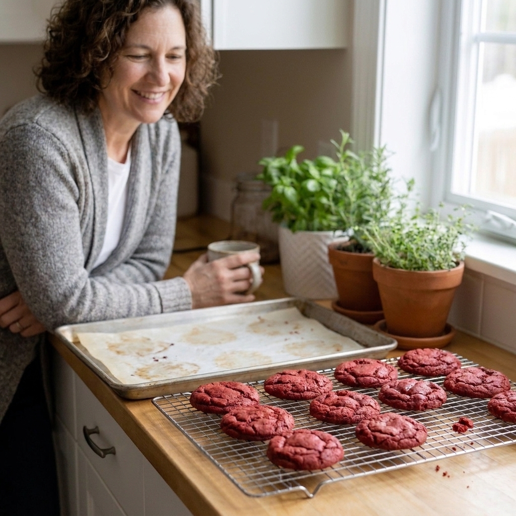 Freshly baked red velvet cookies cooling on a wire rack with a baking sheet and parchment paper in the background