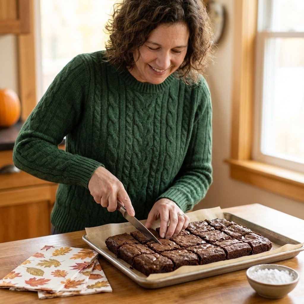 Freshly cut brownie squares lined up on parchment paper on a baking sheet