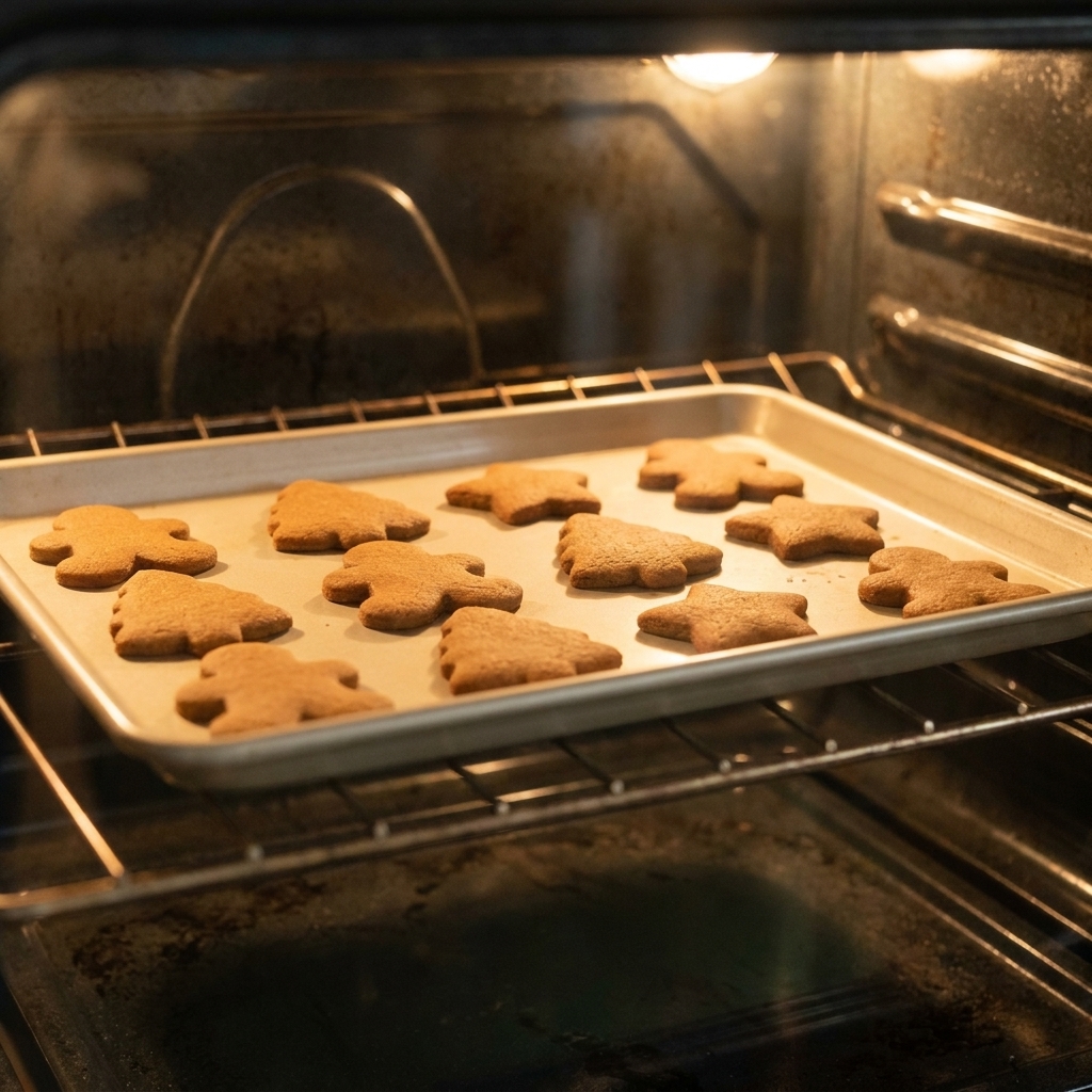 Gingerbread cookie cutouts baking on a light-colored sheet pan inside an oven with warm oven light