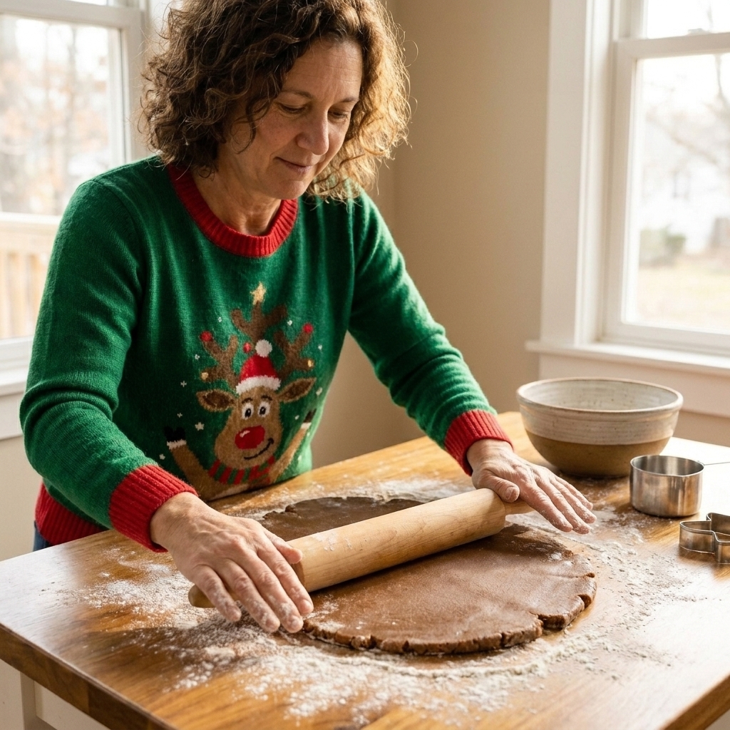 Gingerbread cookie dough being rolled out smoothly with a rolling pin on a floured surface