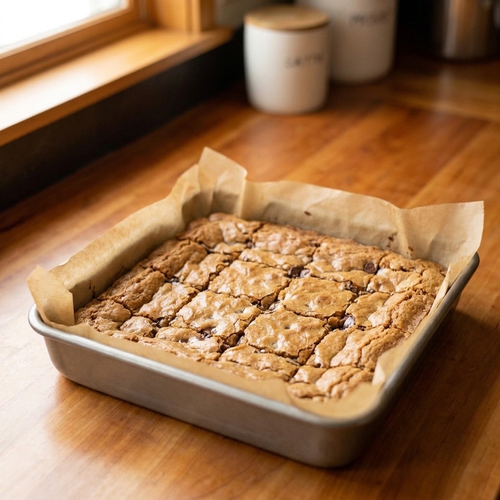Golden blondie bars cut into squares in a metal baking pan lined with parchment paper