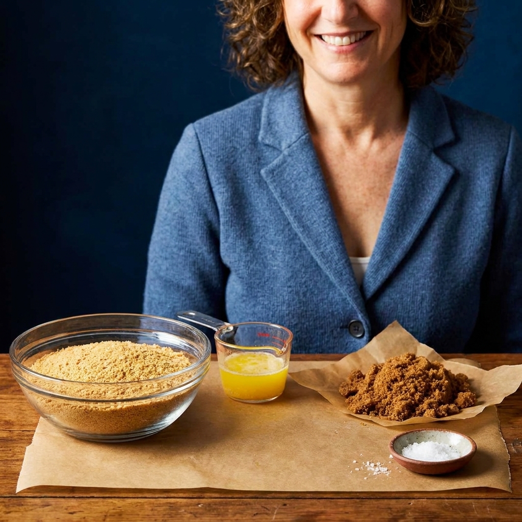 Graham cracker crumbs, melted butter, brown sugar, and salt measured out on a kitchen counter
