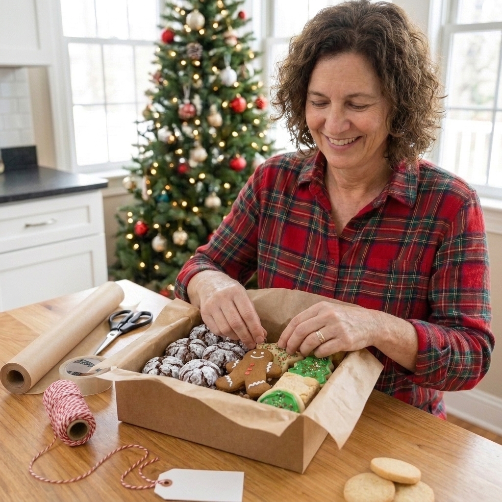Hands arranging assorted holiday cookies into a parchment-lined gift box on a kitchen counter