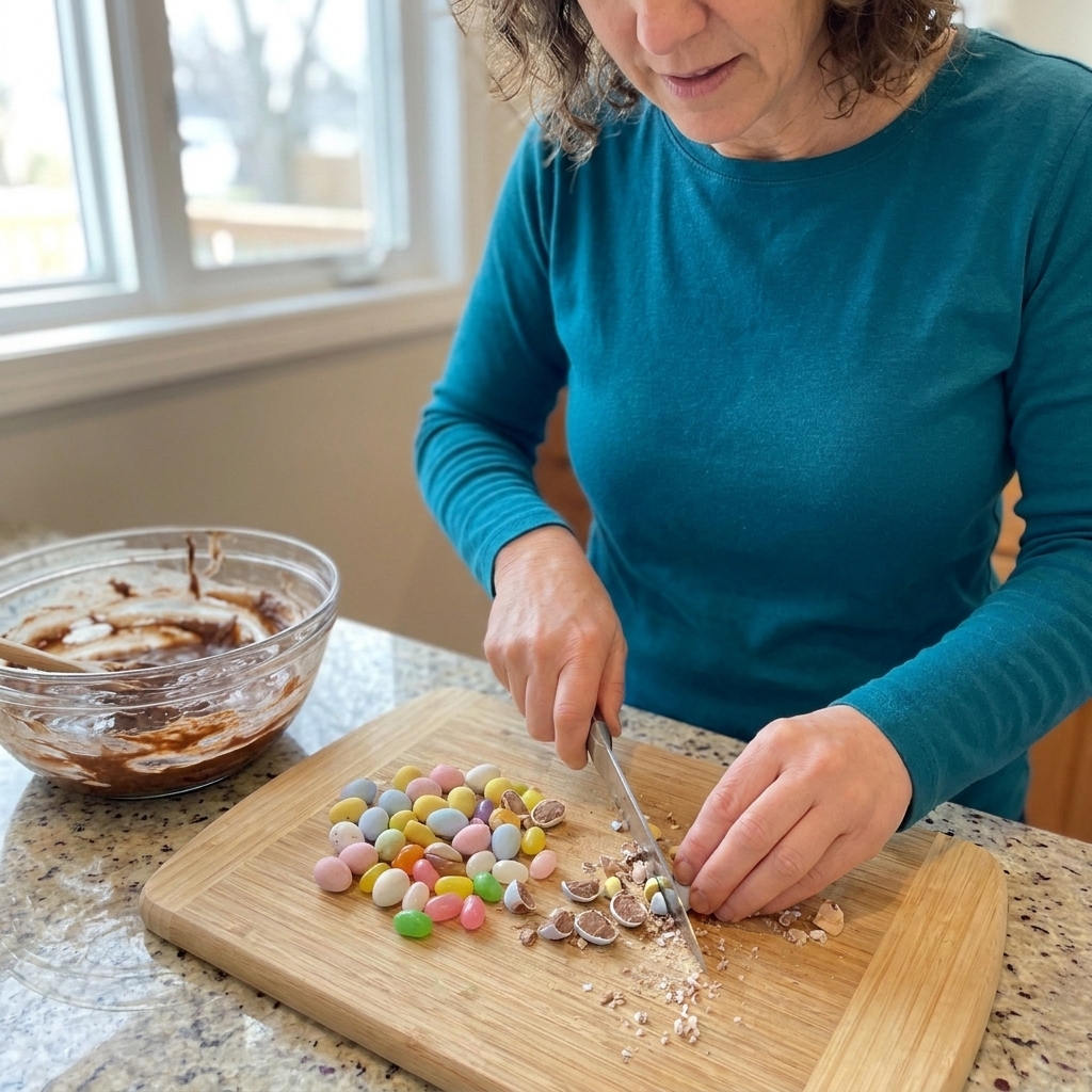 Hands chopping assorted Easter candy on a wooden cutting board beside a mixing bowl