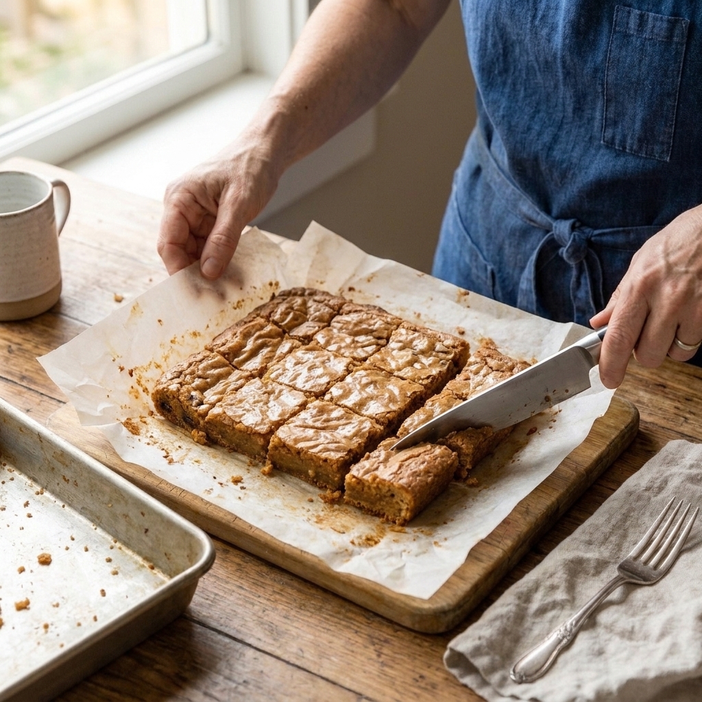 Hands lifting blondies out of a pan using parchment paper and slicing them into neat squares on a cutting board