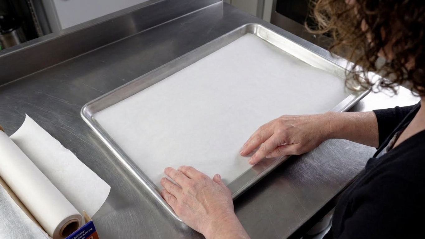 Hands lining a light aluminum baking sheet with a sheet of parchment paper on a kitchen counter