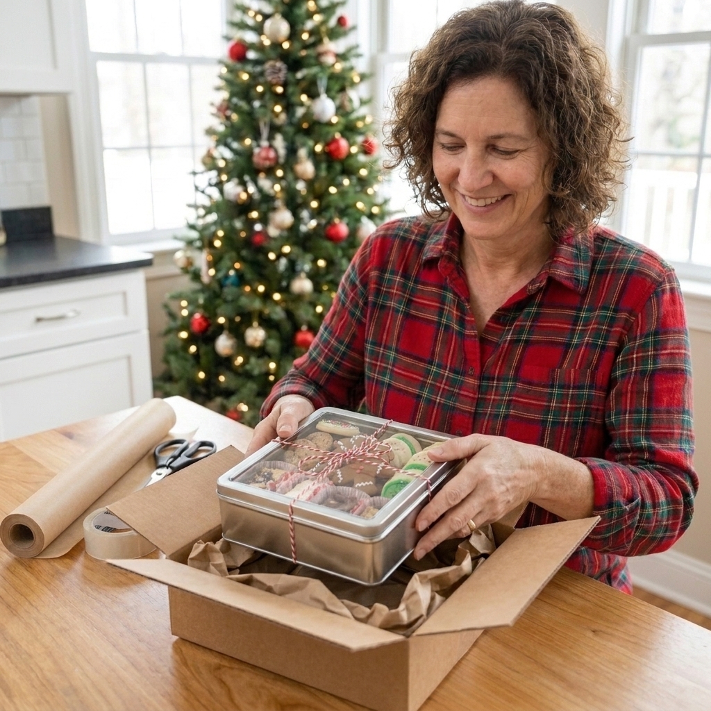 Hands placing a wrapped cookie tin into a shipping box lined with cushioning paper on a kitchen counter