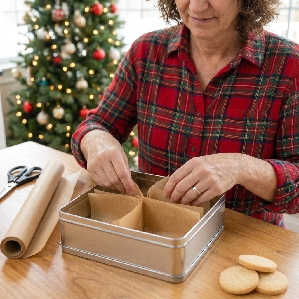 Hands placing folded parchment paper dividers inside a metal cookie tin to create separate compartments