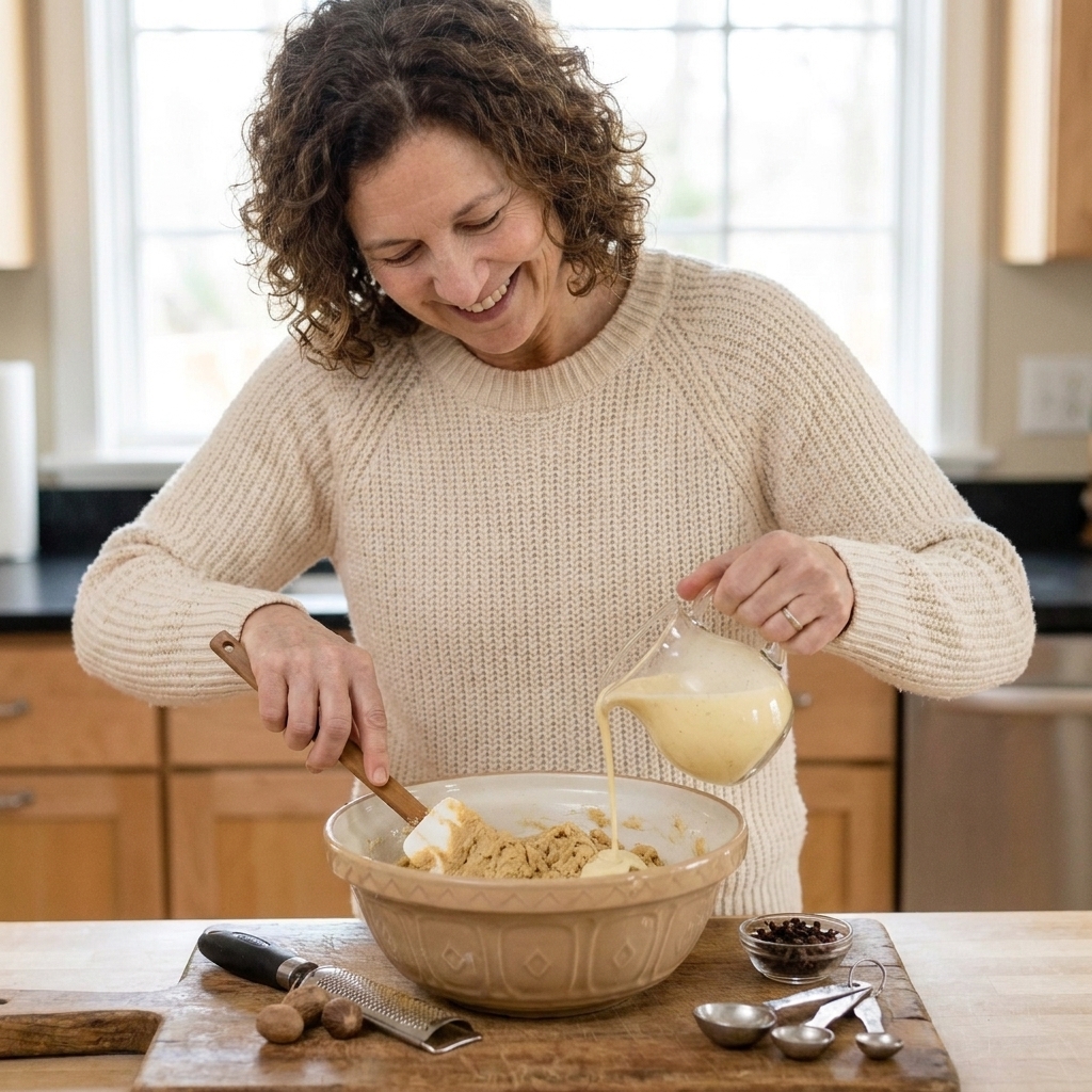 Hands pouring a small amount of eggnog from a measuring cup into a bowl of cookie dough while holding a rubber spatula