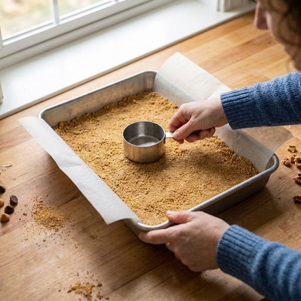 Hands pressing graham cracker crust firmly and evenly into the bottom of a parchment-lined baking pan using the bottom of a measuring cup