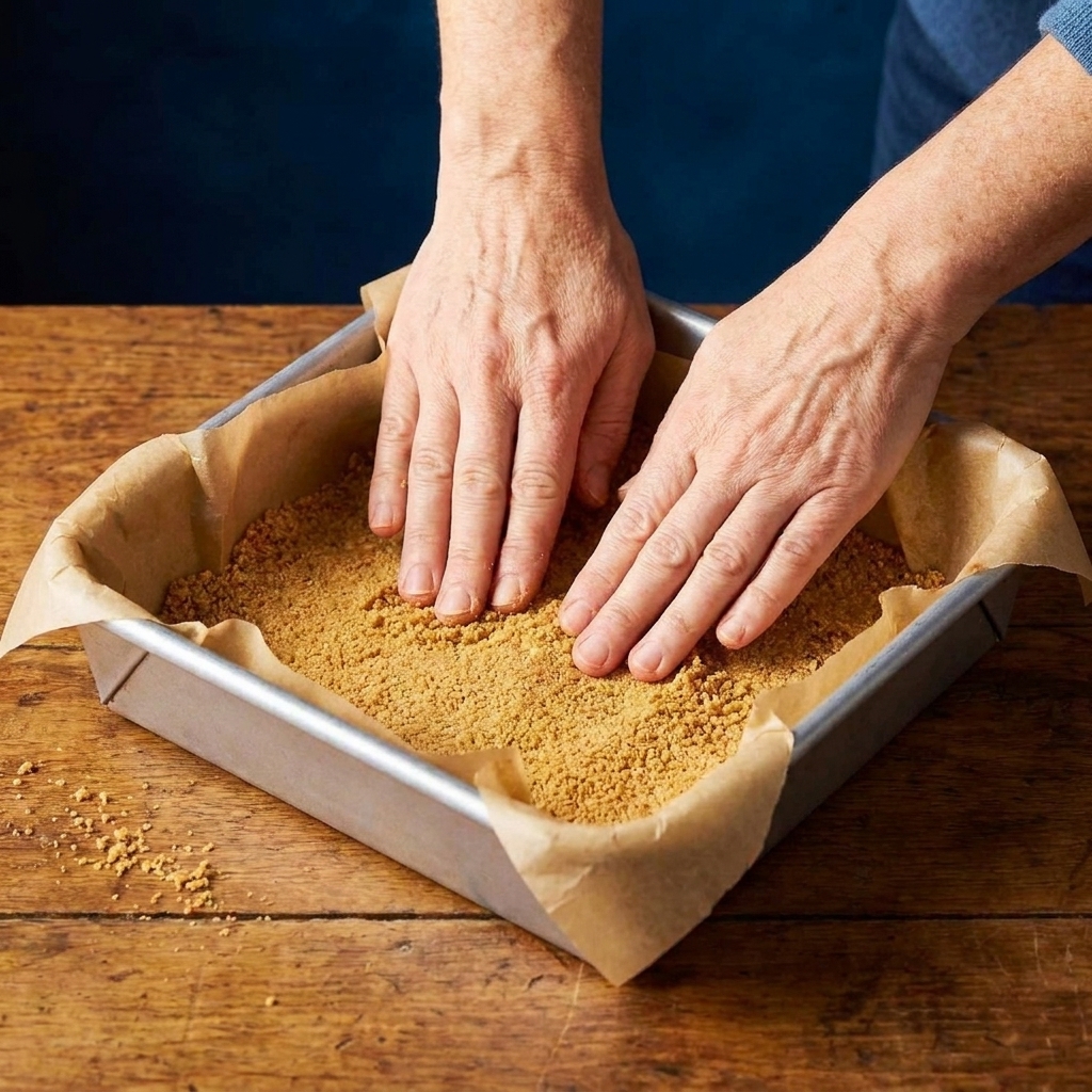 Hands pressing graham cracker crust firmly into the bottom of a parchment lined square pan