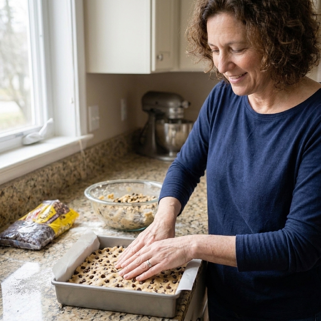 Hands pressing thick cookie dough evenly into a parchment-lined square baking pan on a kitchen counter