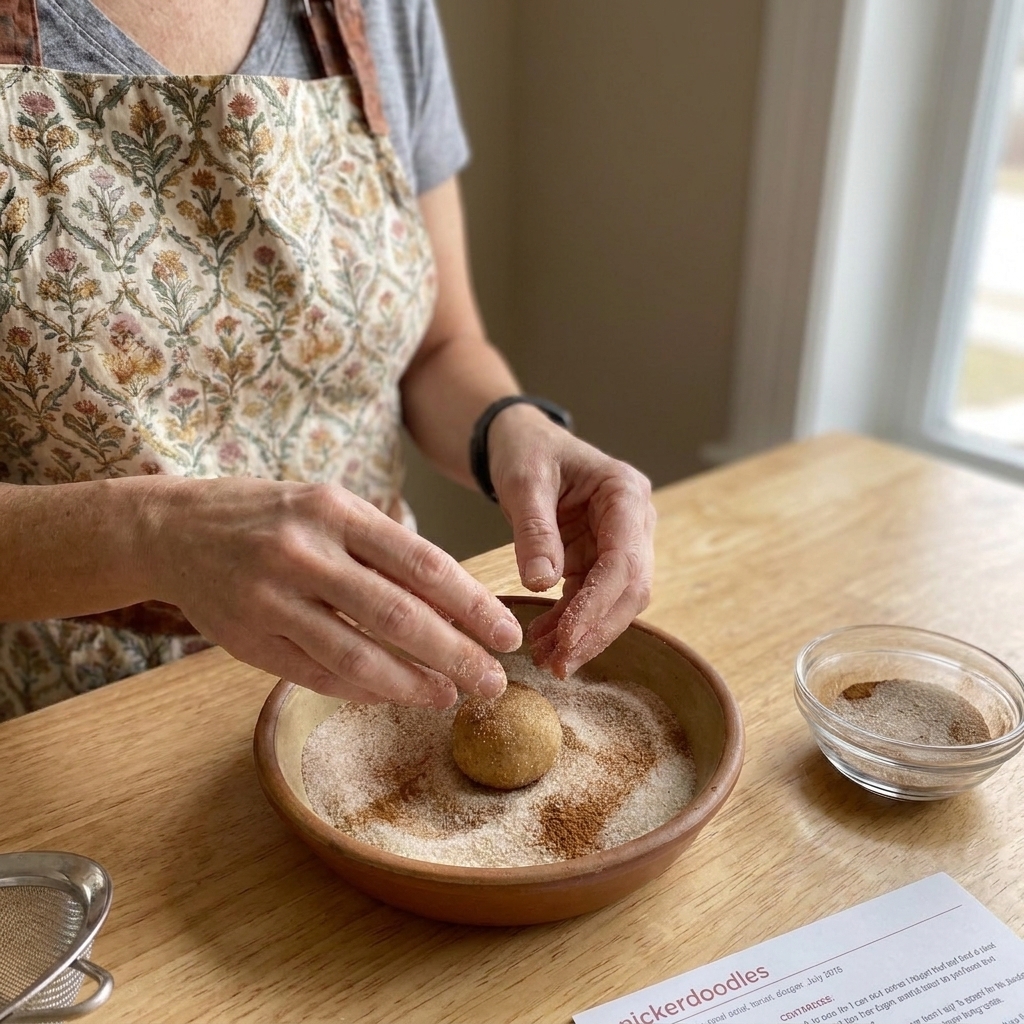 Hands rolling a cookie dough ball in a shallow bowl of cinnamon sugar on a wooden countertop