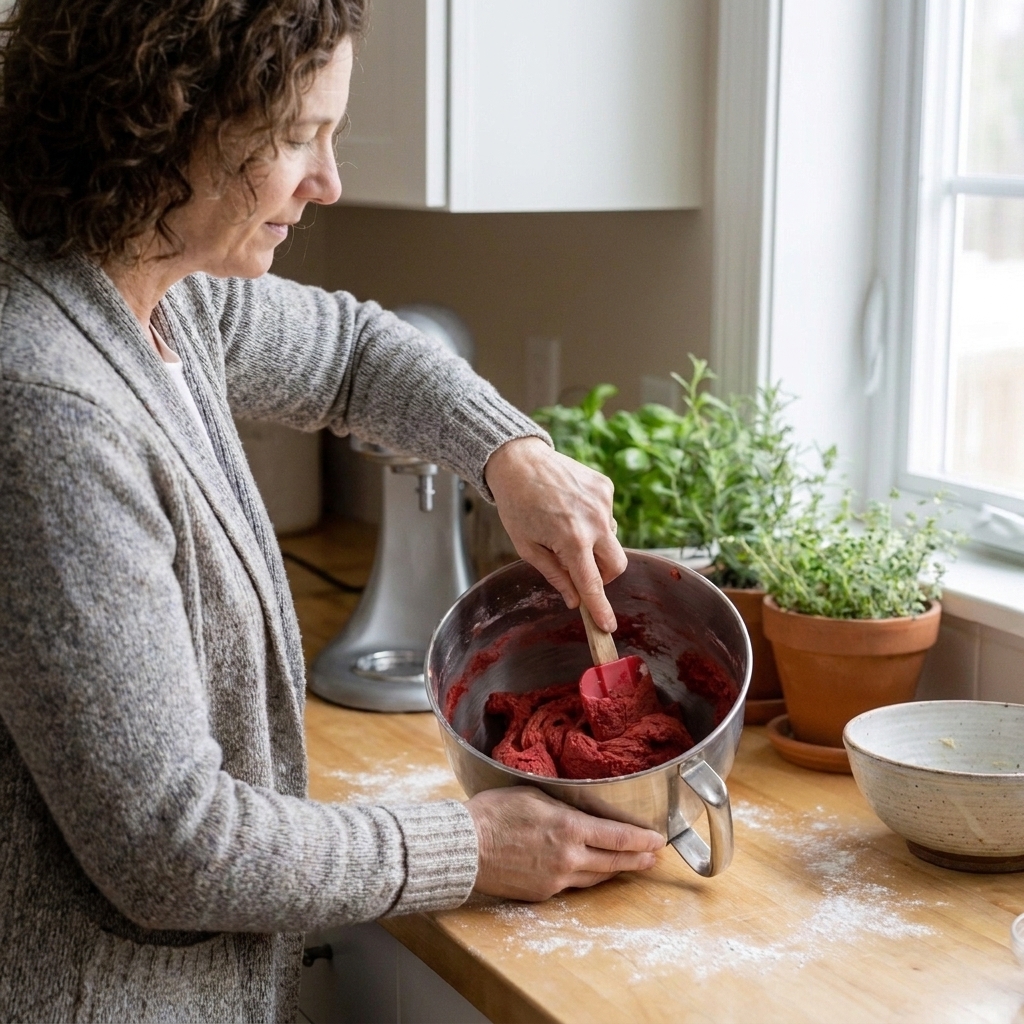 Hands scraping red cookie dough from a stand mixer bowl with a silicone spatula on a flour-dusted kitchen counter