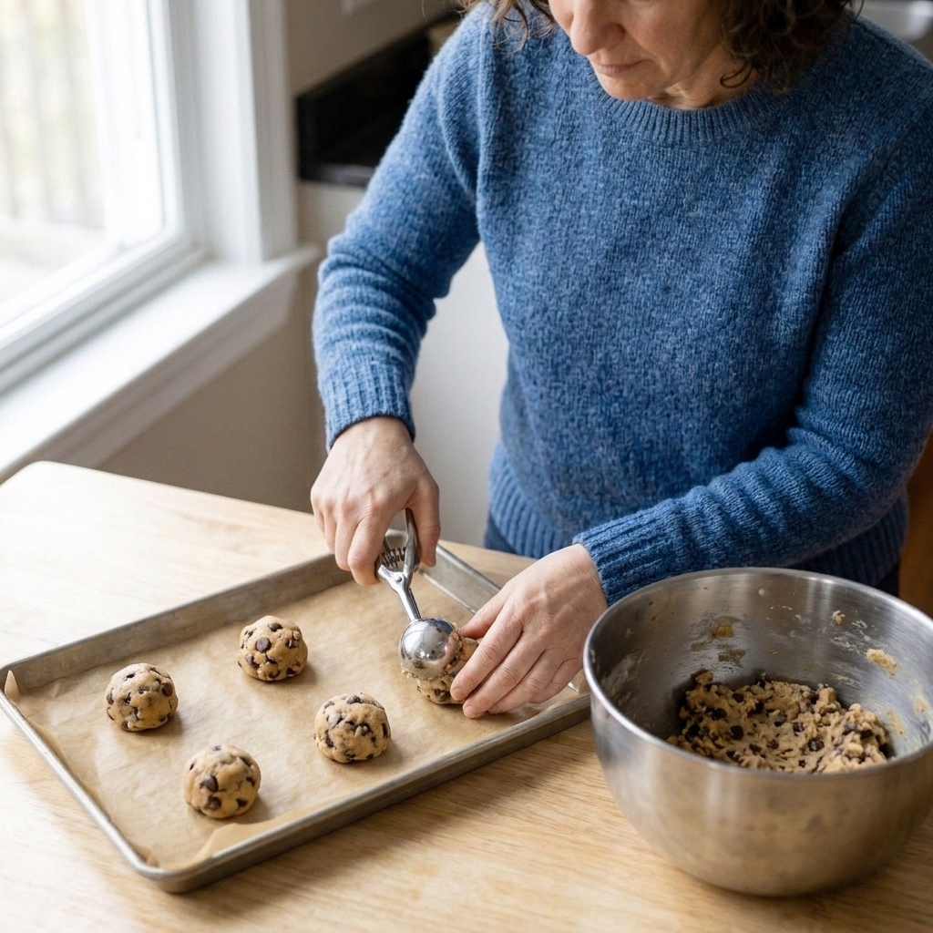 Hands using a cookie scoop to portion chocolate chip cookie dough onto a parchment-lined baking sheet on a home kitchen counter