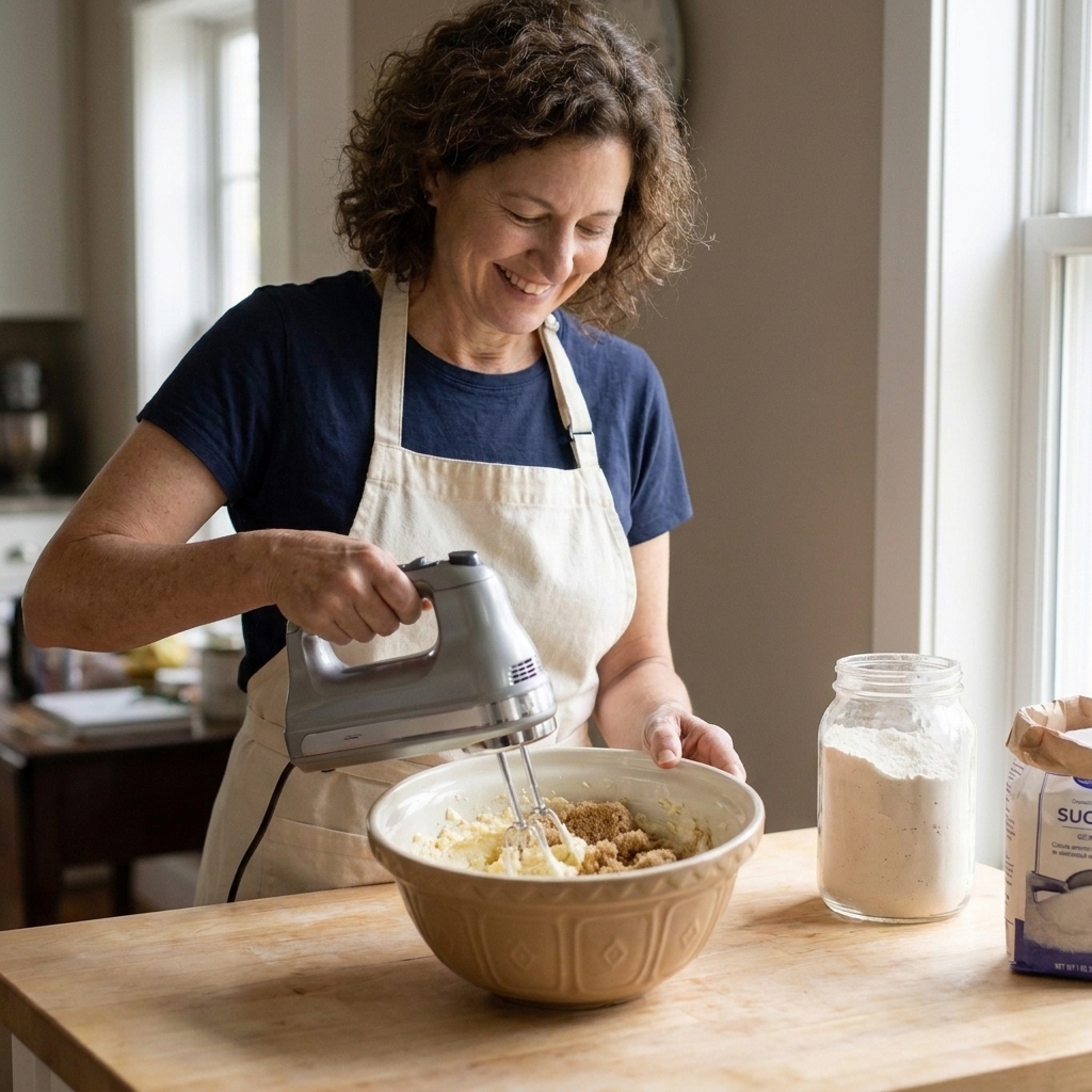 Hands using a hand mixer to cream softened butter and brown sugar in a mixing bowl on a kitchen counter