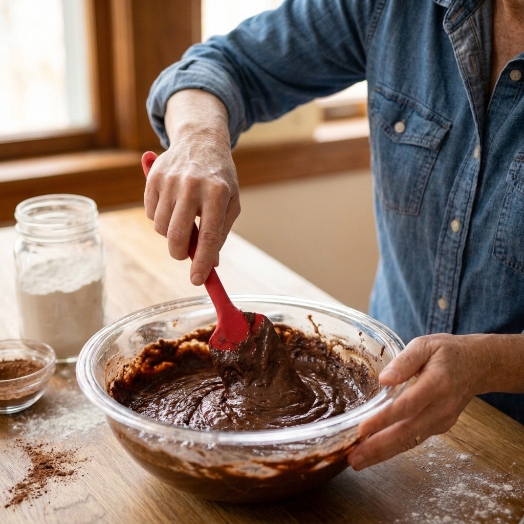 Hands using a rubber spatula to fold thick brownie batter in a mixing bowl on a flour-dusted counter