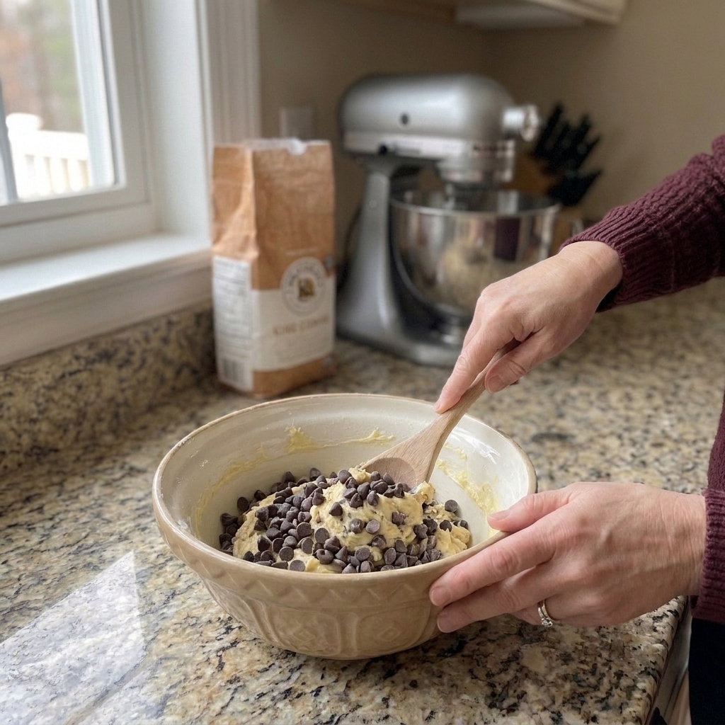 Hands using a spatula to fold chocolate chips into cookie dough in a mixing bowl on a home kitchen counter