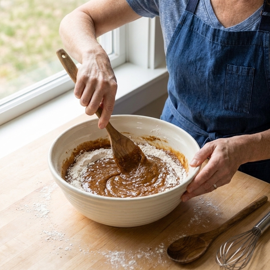 Hands using a spatula to fold flour into a glossy brown sugar blondie batter in a ceramic mixing bowl