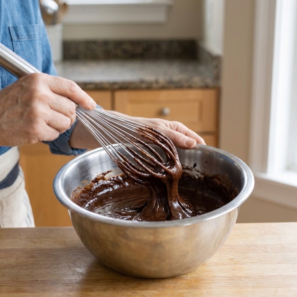 Hands whisking glossy brownie batter in a mixing bowl on a kitchen counter