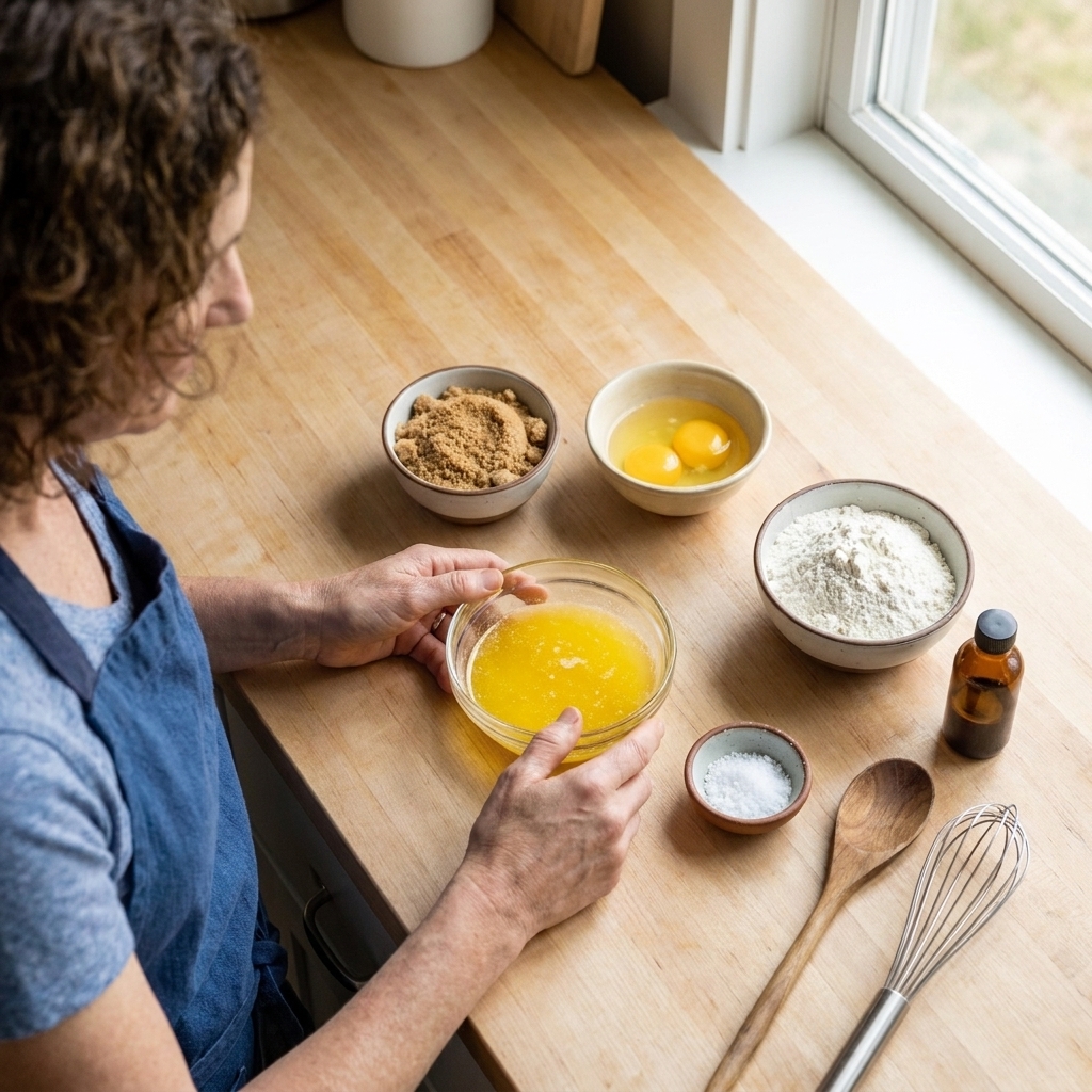 Measured blondie ingredients including melted butter, brown sugar, eggs, flour, vanilla, and salt arranged on a light kitchen counter