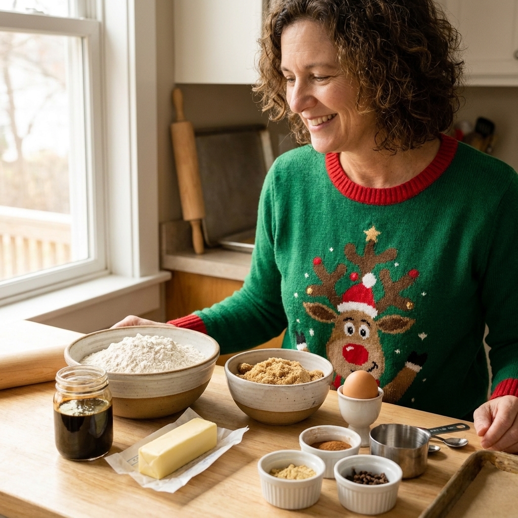 Measured gingerbread cookie ingredients on a kitchen counter, including flour, brown sugar, molasses, butter, egg, and spices in small bowls