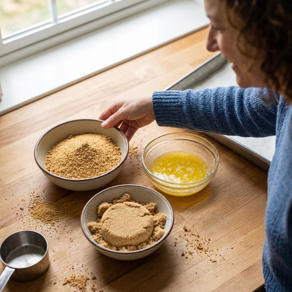 Measured graham cracker crumbs, melted butter, and brown sugar in separate bowls on a baking counter