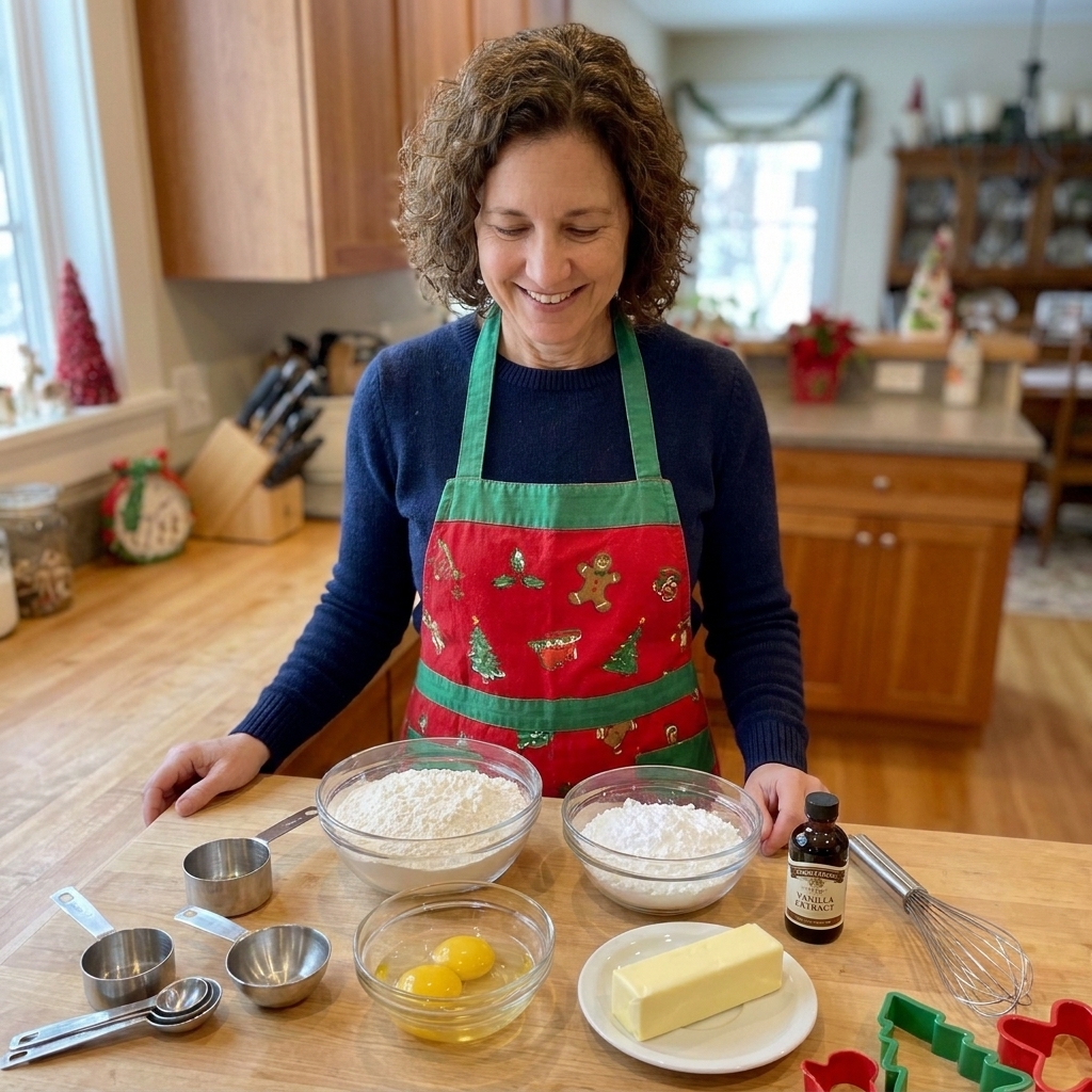 Measured ingredients for sugar cookies on a kitchen counter, including flour, powdered sugar, butter, eggs, vanilla, and baking tools