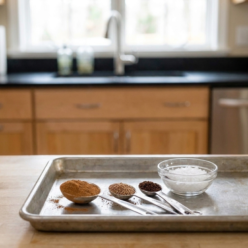 Measuring spoons filled with ground cinnamon, freshly grated nutmeg, and ground cloves on a baking tray next to a small bowl of flaky salt