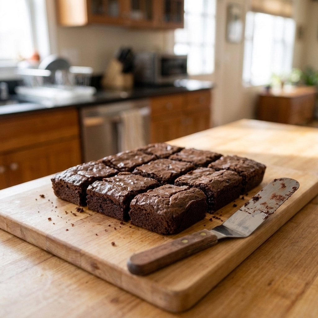 Neatly cut brownie squares on a wooden cutting board with a metal spatula resting beside them