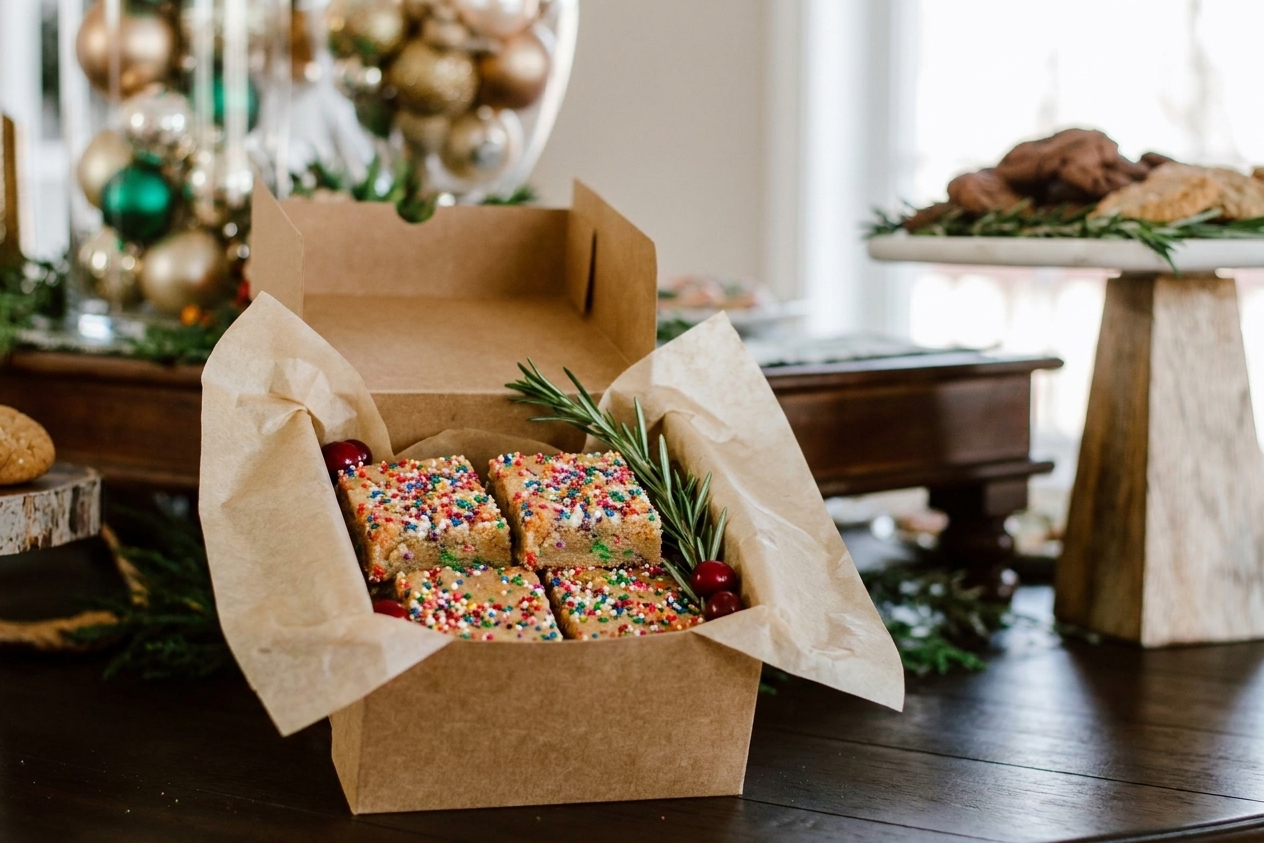 Neatly cut cookie bars stacked in a small gift box lined with parchment paper