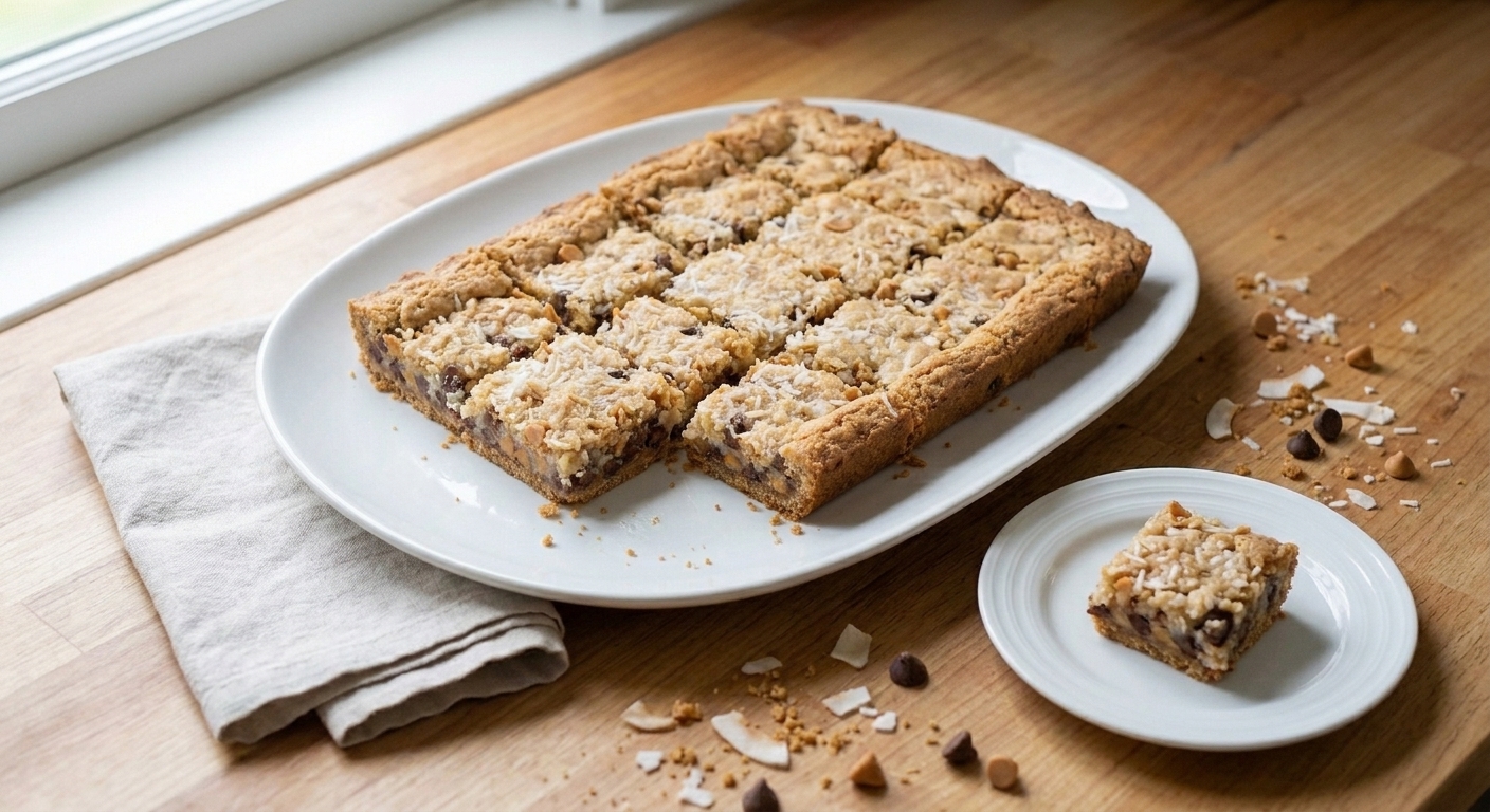 Neatly cut magic bars arranged on a white serving platter on a kitchen table with a linen napkin and small plate nearby
