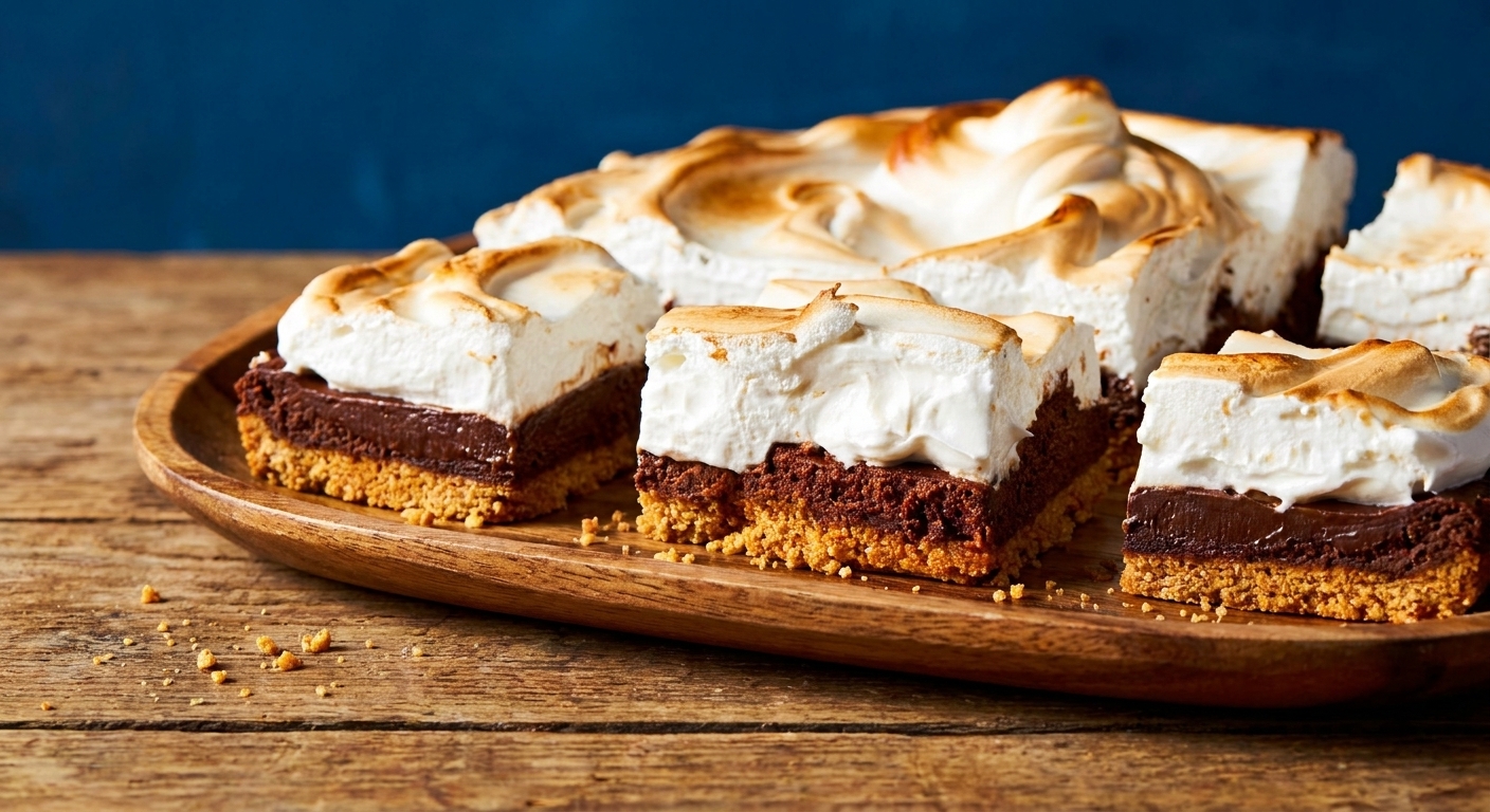 Neatly sliced s’mores bars on a serving platter showing distinct layers of graham crust, chocolate ganache, and toasted marshmallow meringue