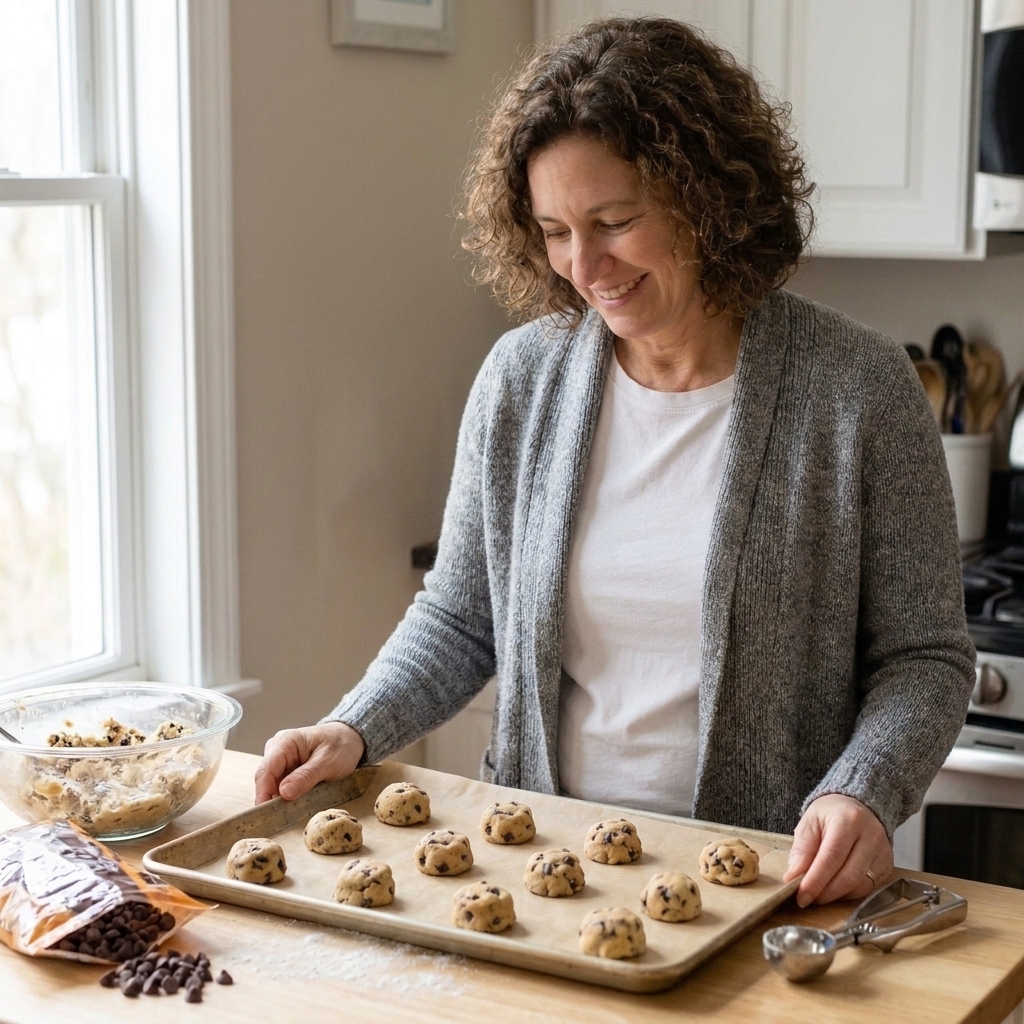Portioned balls of cookie dough spaced evenly on a parchment-lined baking sheet, ready to bake
