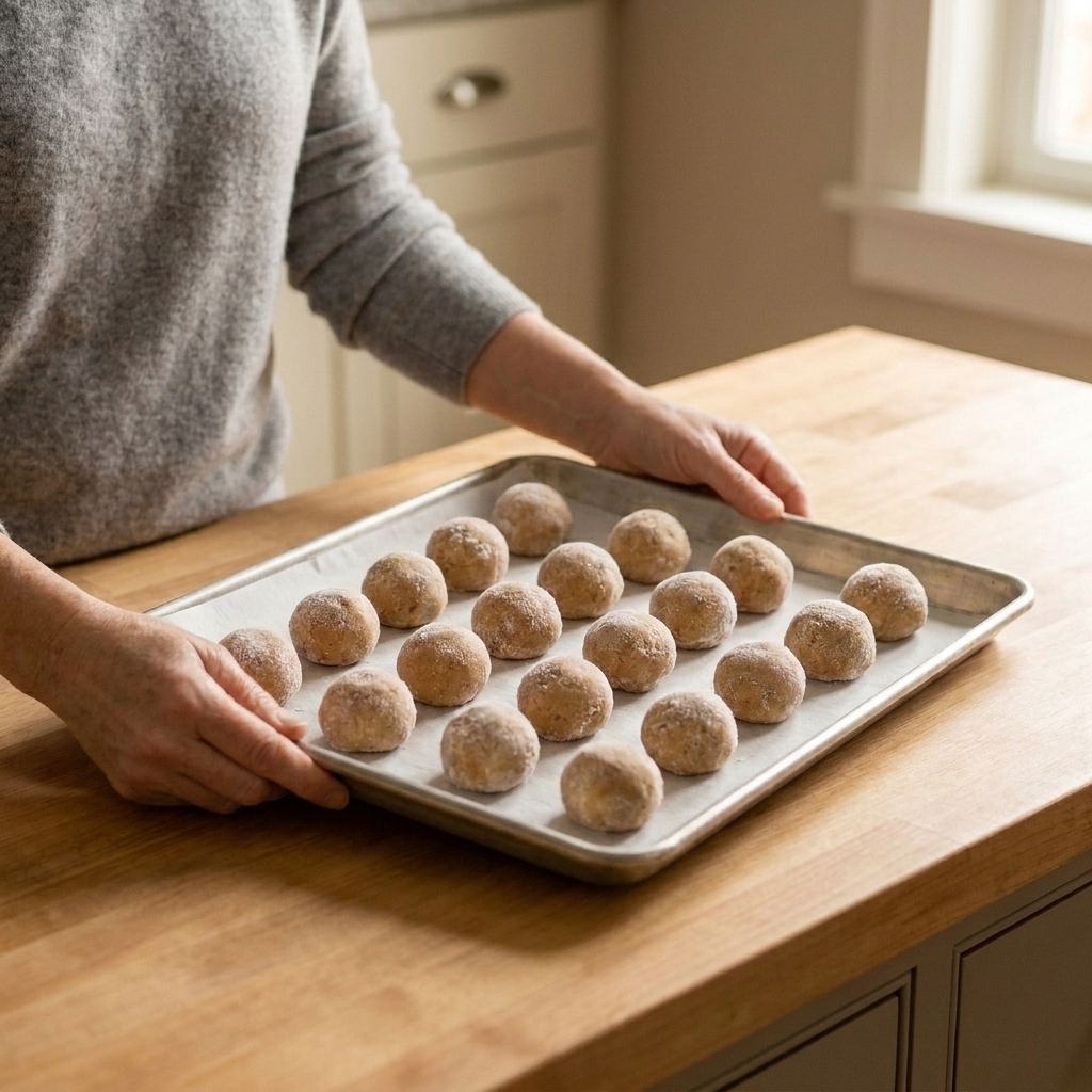 Portioned cookie dough balls arranged on a parchment-lined baking sheet, ready to be flash-frozen