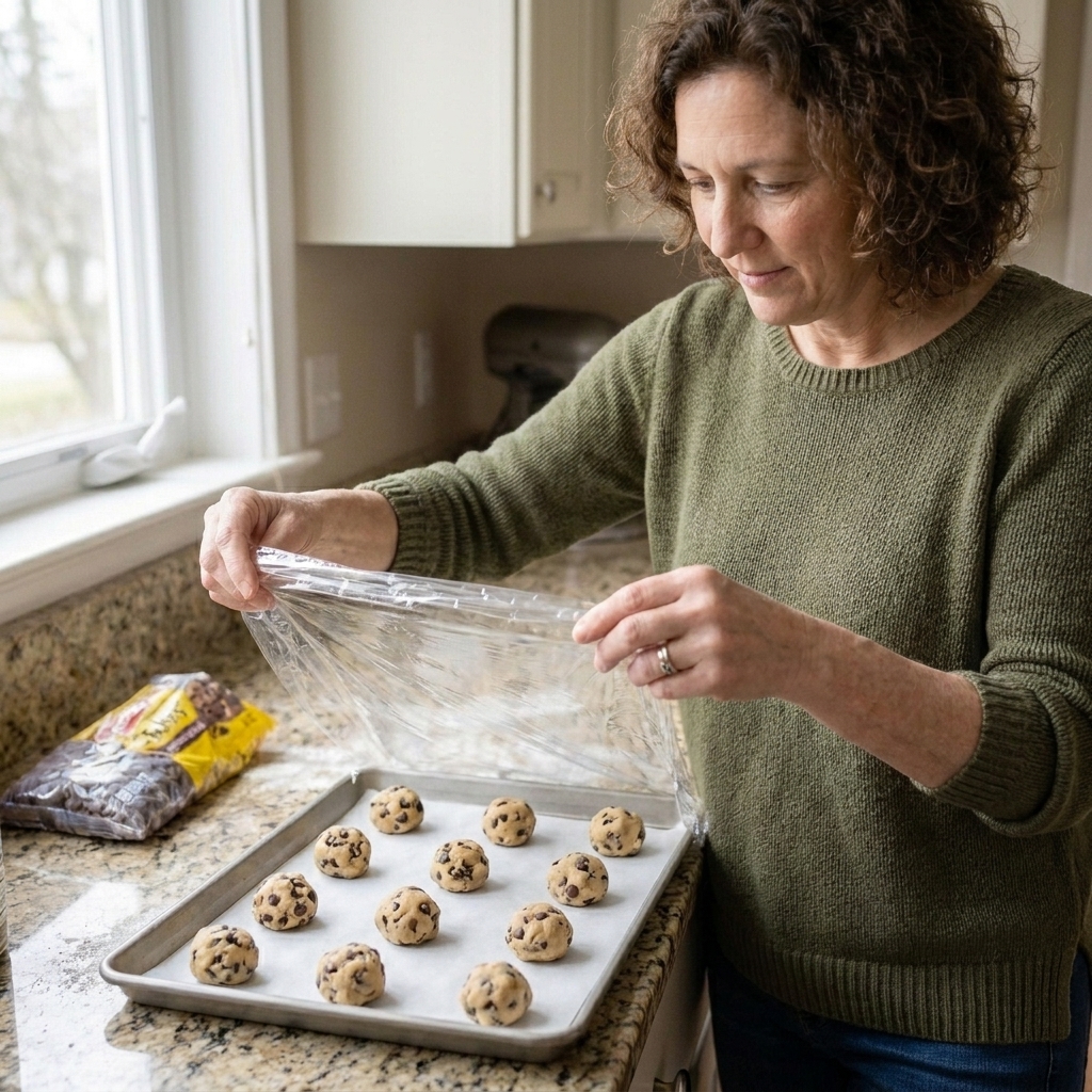 Portioned cookie dough balls arranged on a parchment-lined baking sheet ready to be covered and chilled