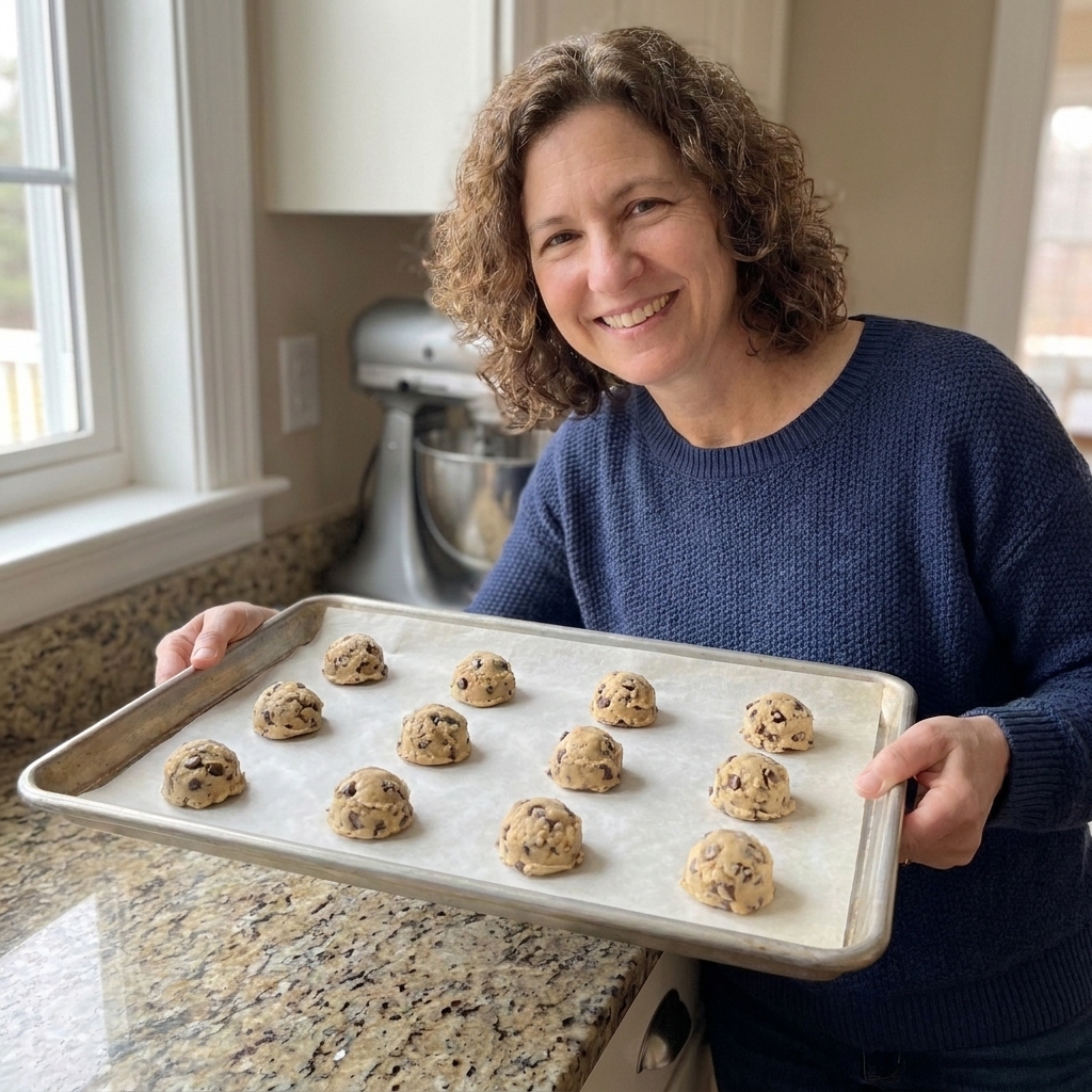 Portioned cookie dough scoops spaced out on parchment paper on a baking sheet, ready to chill