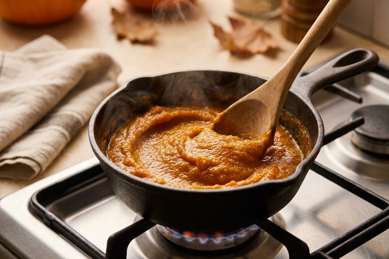 Pumpkin puree being stirred in a small saucepan on the stove as it thickens and reduces