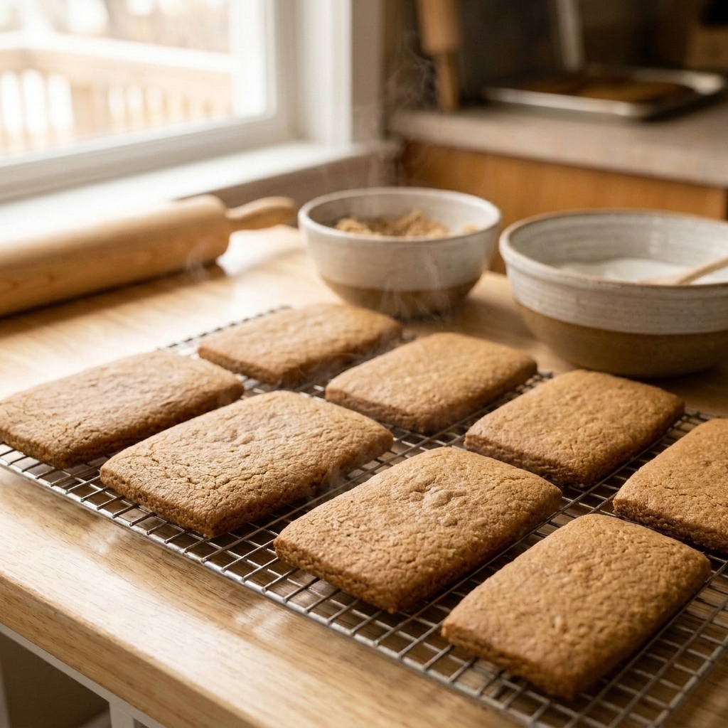 Rectangular gingerbread house panels cooling on a wire rack on a kitchen counter