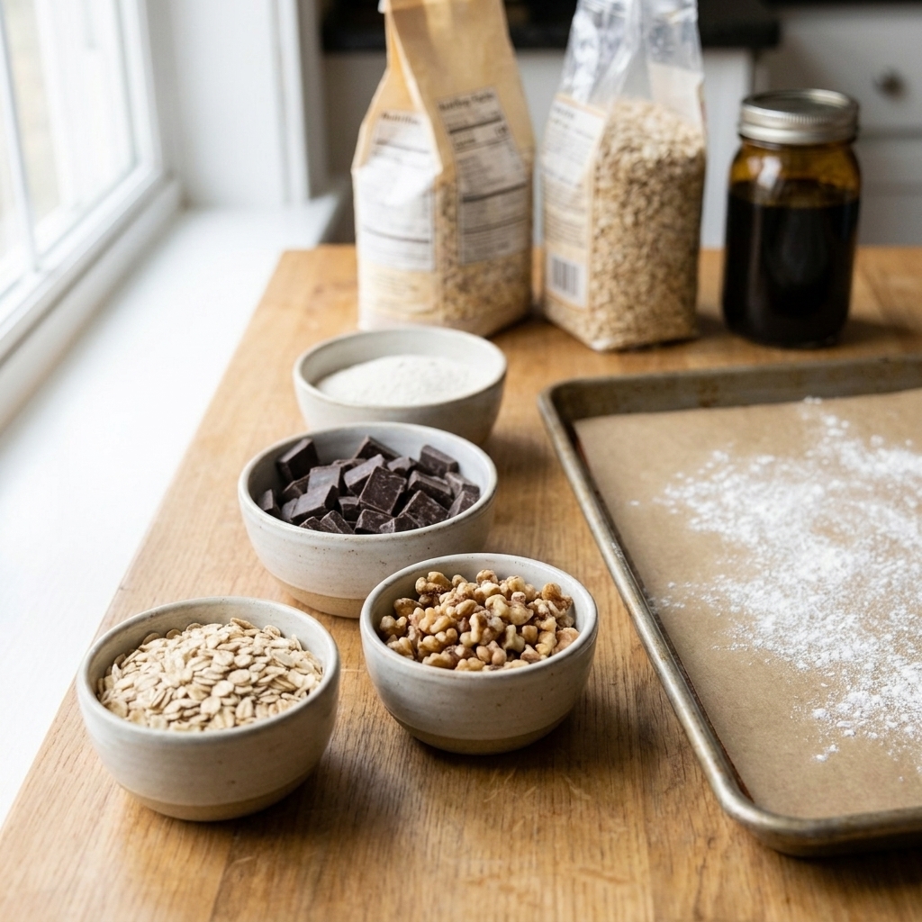 Rolled oats, chocolate chunks, and chopped walnuts in small bowls arranged on a baking prep counter