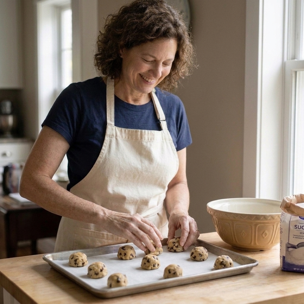 Scooped cookie dough balls spaced out on a parchment-lined baking sheet before going into the oven