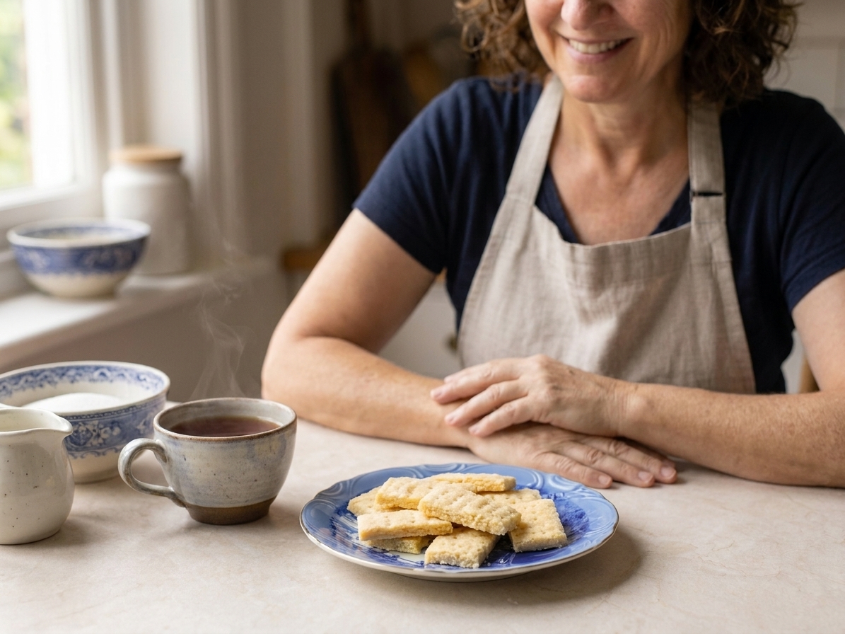 Scottish shortbread pieces served on a small plate beside a cup of tea on a cozy kitchen table