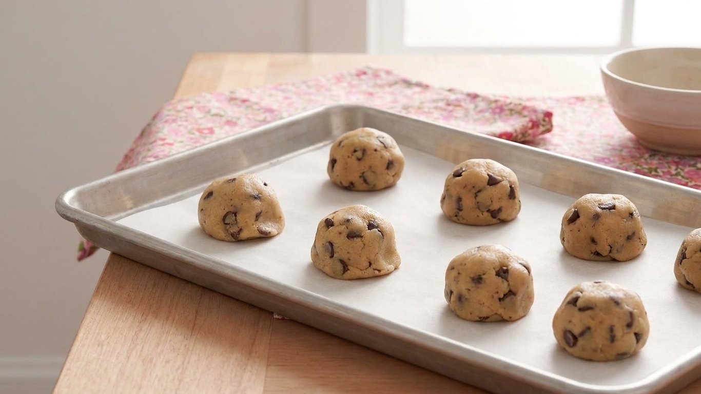 Sealed stuffed cookie dough balls arranged on a parchment-lined tray ready to be chilled